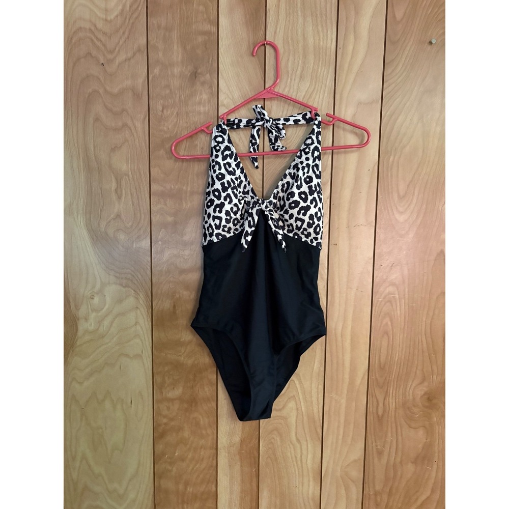 Amazon Leopard‎ Print Halter Tie Front One Piece Swimsuit Black White Medium
